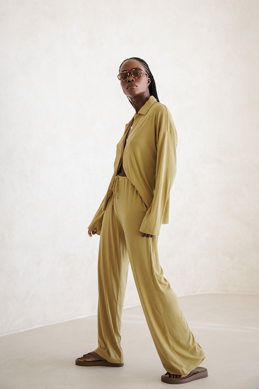 Soft Jersey Dusty Green High Waisted Orla Pants for Easy Wear