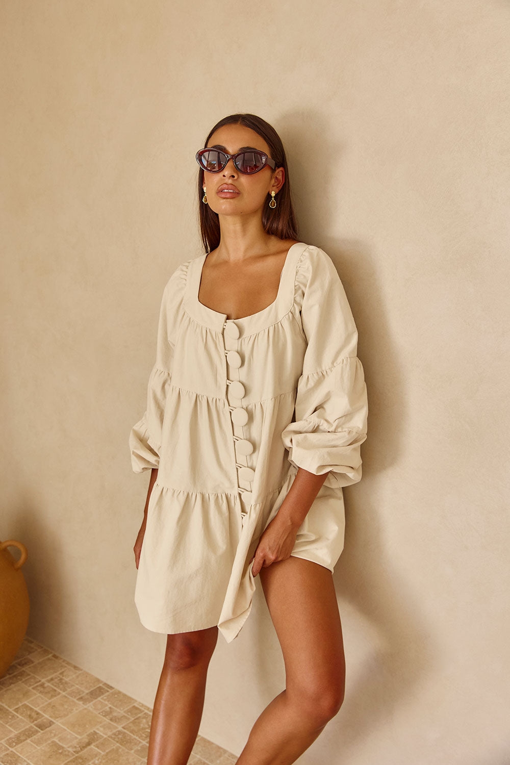 Beige High - Quality Natural Cotton Tiered Palmer Dress with Puff Sleeves