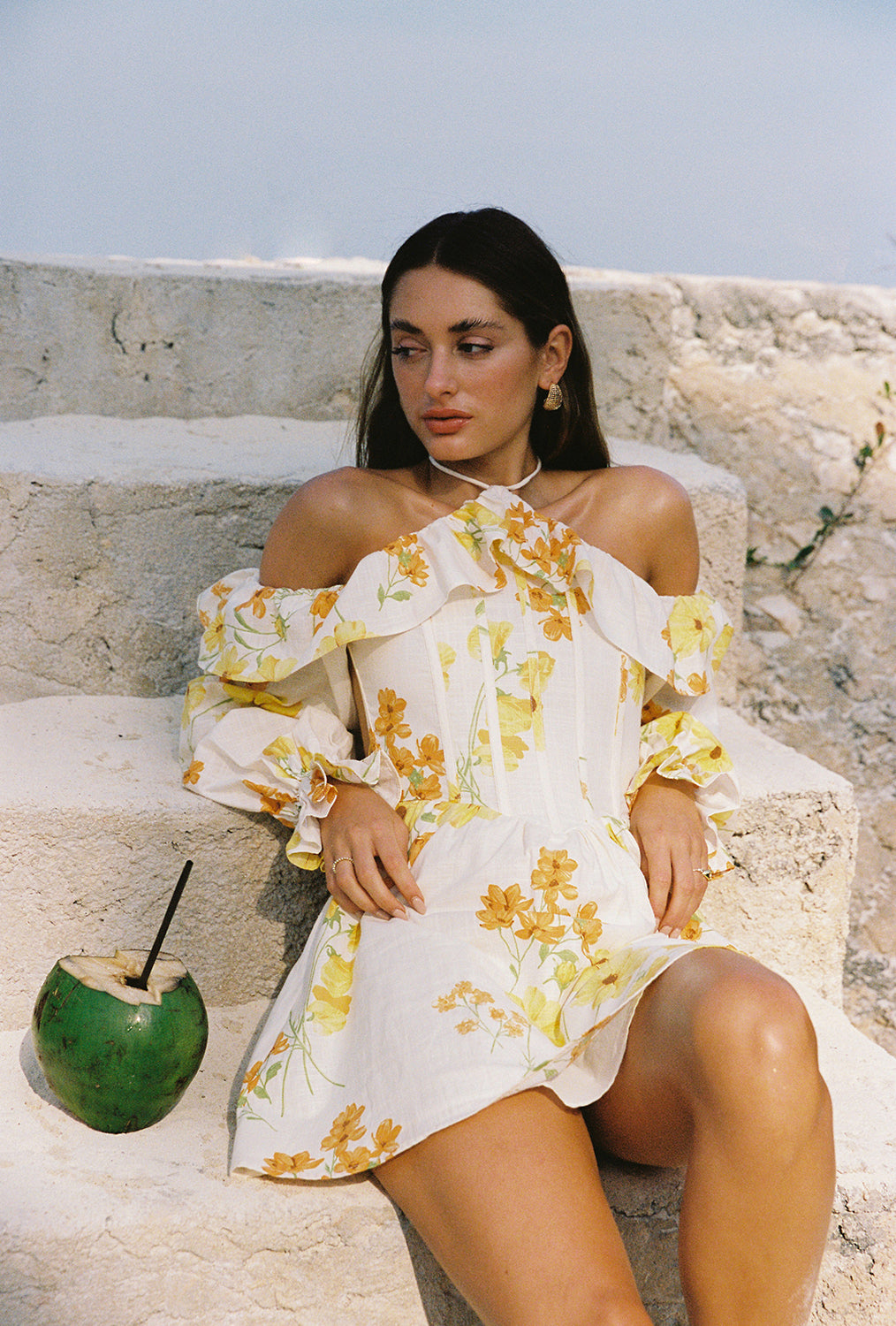 SABO LUXE Exclusive Pressed Flowers Print High - Quality Cotton Samaya Halter Mini Dress