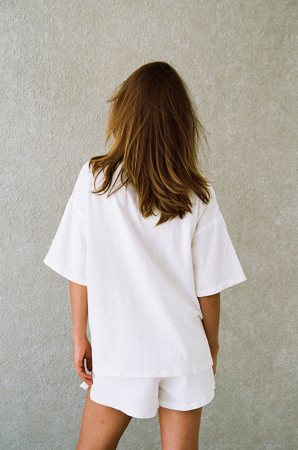 White Natural Linen Cotton Blend Relaxed Mallory Top with Drop Shoulders