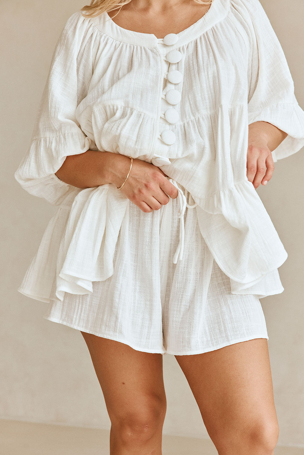 Exclusive White Natural Cheesecloth Cotton High-Waisted Novalie Shorts