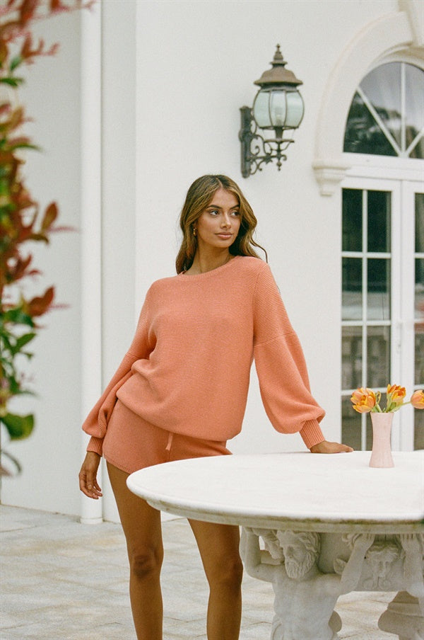Soft Natural Cotton Dusty Orange Sunset Knit Top with Puff Sleeves