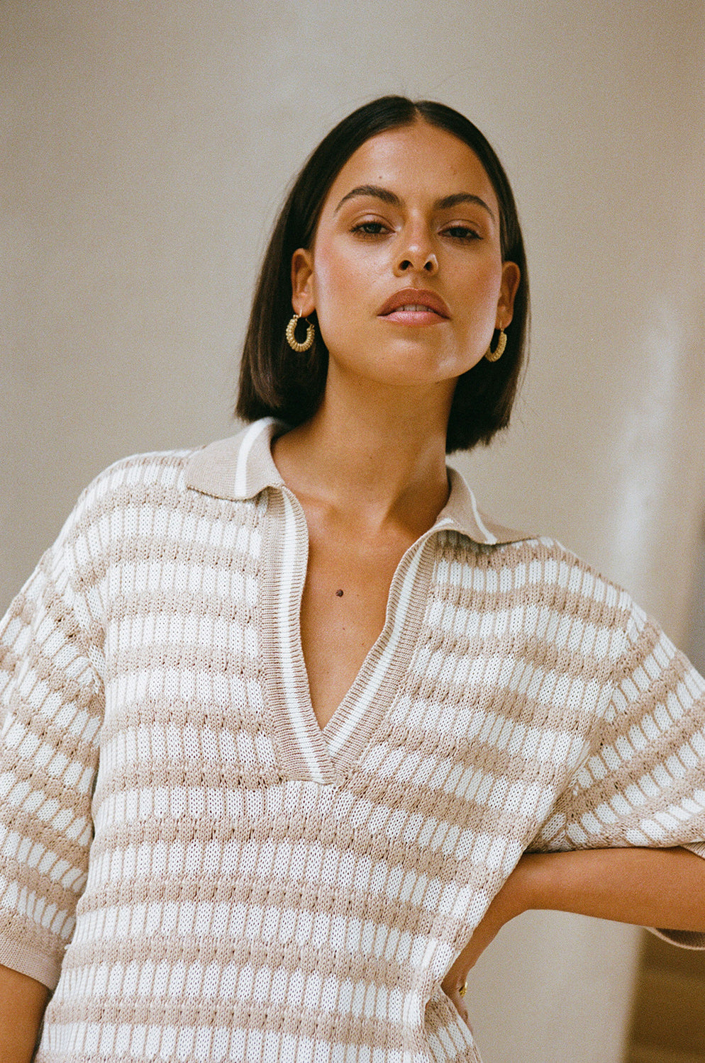 Vintage-Inspired Aya Cream and Tan Striped Relaxed Knit Top