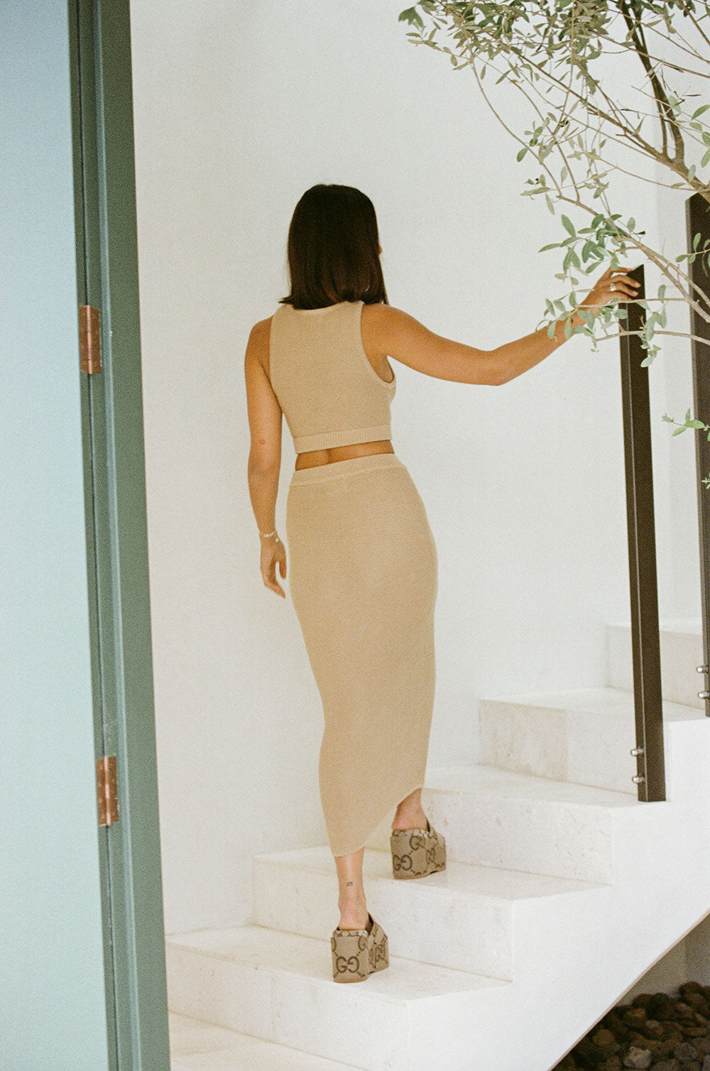 Exclusively Designed Dark Tan Heather Crop Top with Contrast Ribbed Hem