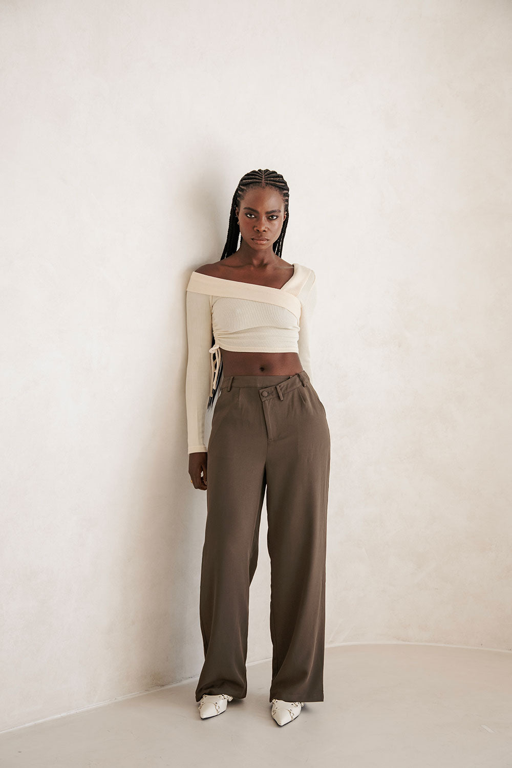 Soft Ribbed Knit Chelsie Top with Asymmetric Off - Shoulder Design