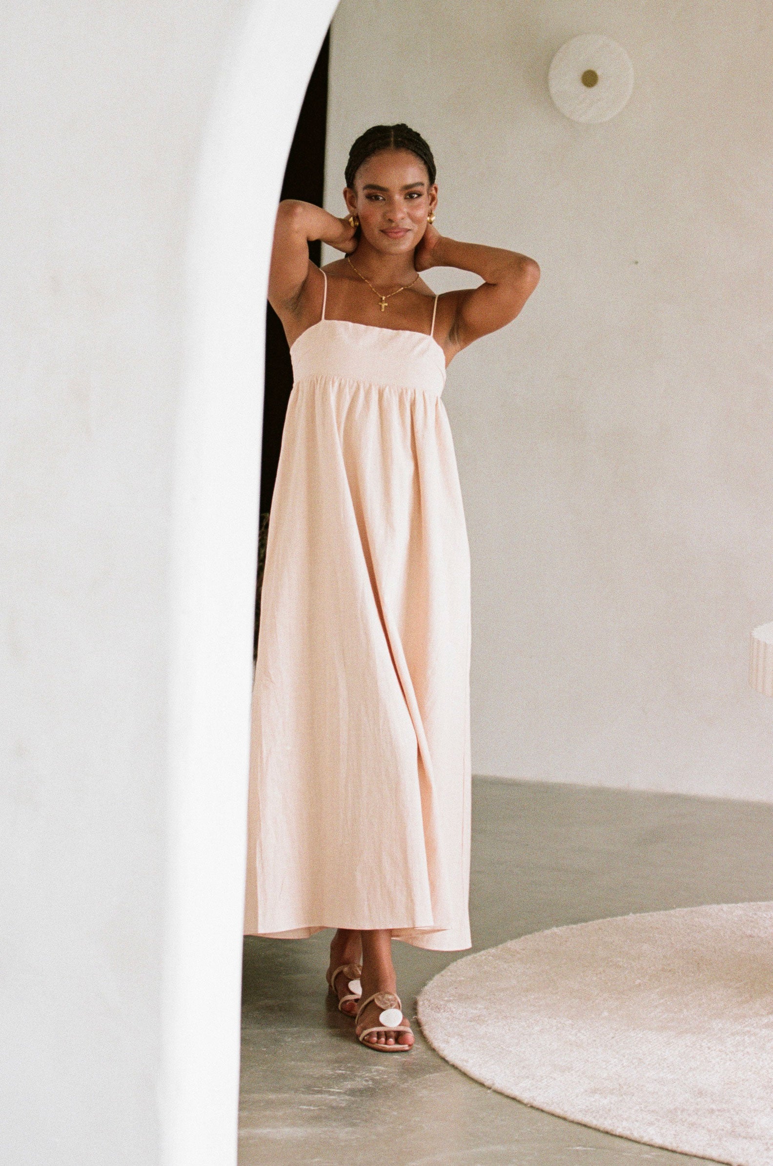 Stylish Tan Azaria Dress with Flowy Skirt and Thin Straps