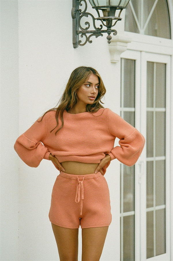 Dusty Orange Soft Cotton High-Waisted Sunset Knit Shorts