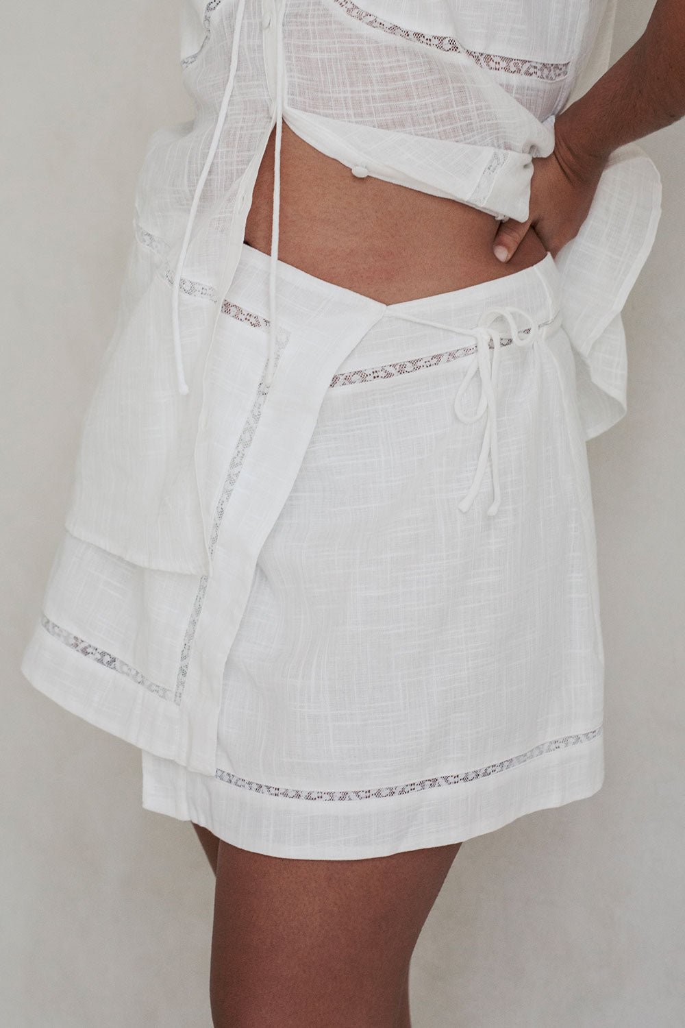 Alessia Women's White Natural Cotton Cheesecloth High-Waisted Wrap Skirt with Lace Trim