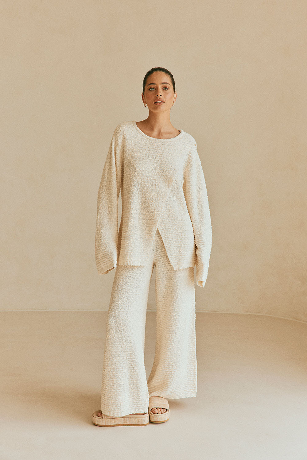 Cozy Cream Cotton Blend Boucle Knit Mara Top with Asymmetric Design