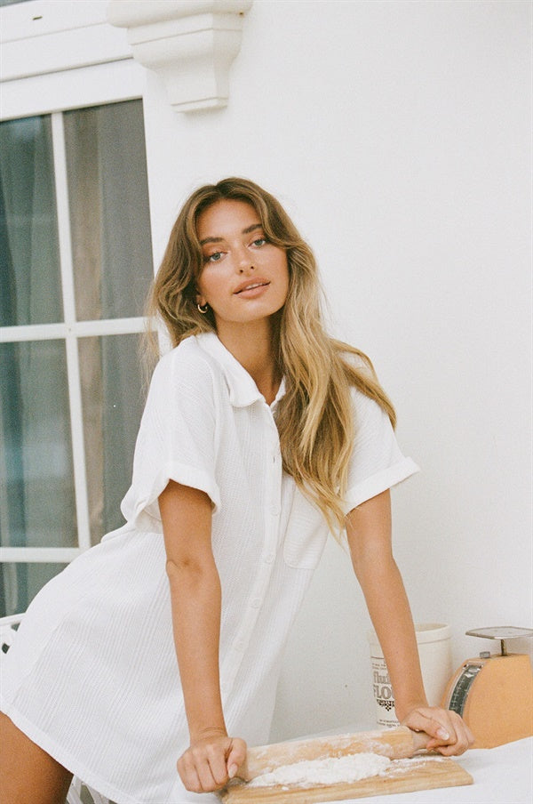 Comfortable Waffle Textured Shirt Style Dress for Relaxed Wear