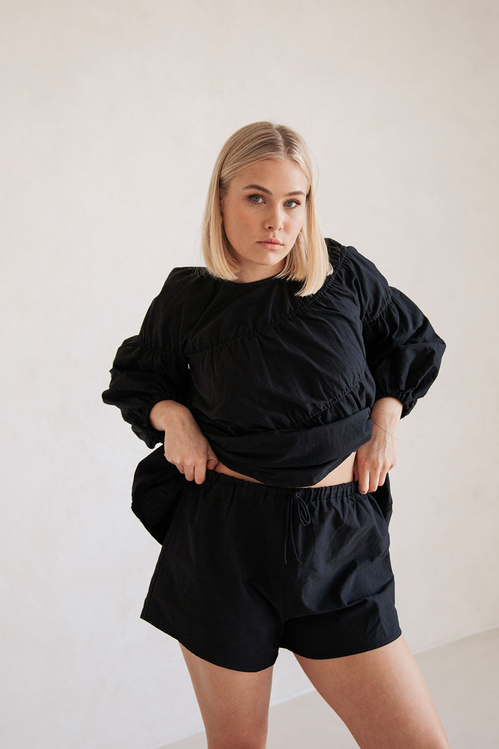 Black Cotton High Waisted Drawstring Elasticated Waist Akel Shorts