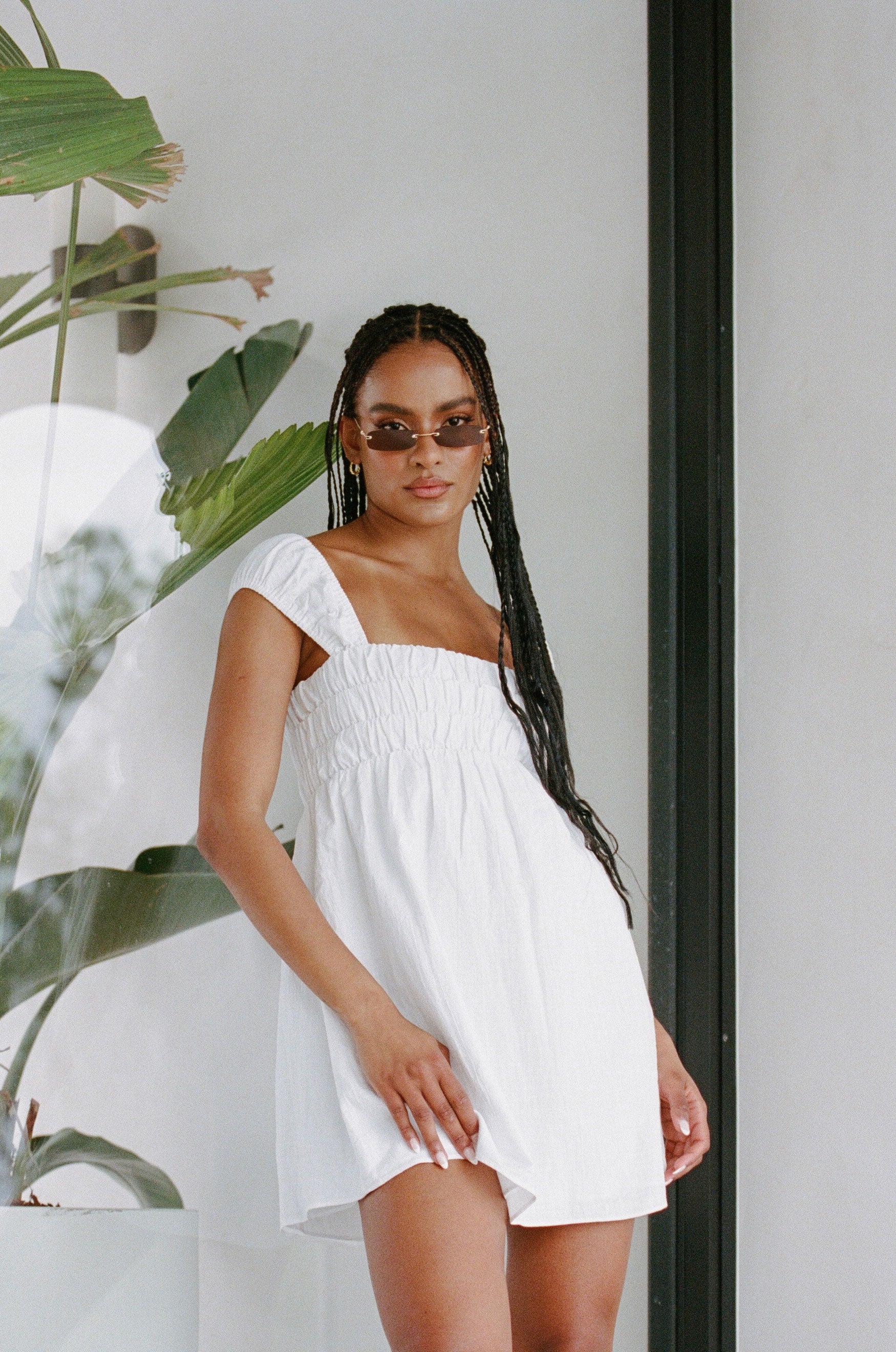 Fresh White Natural Cotton Luan Dress with Cute Cap Sleeves