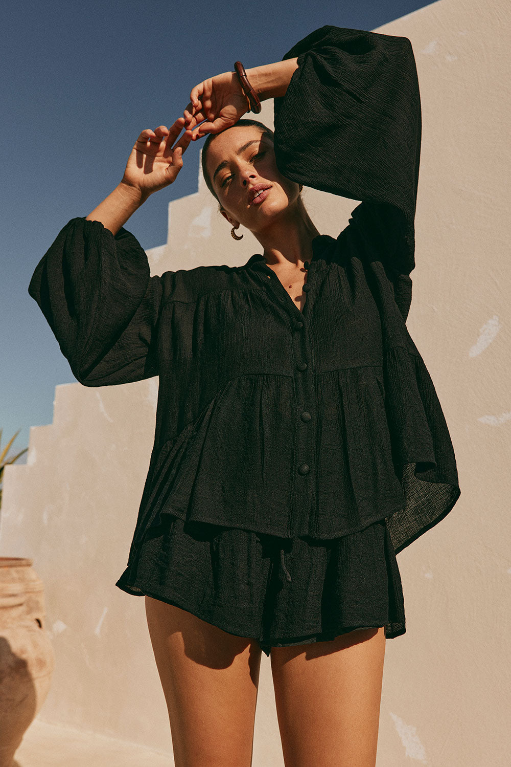 Black Lightweight Crepe Rayon Blend Huxley Top - Ideal for Weekends