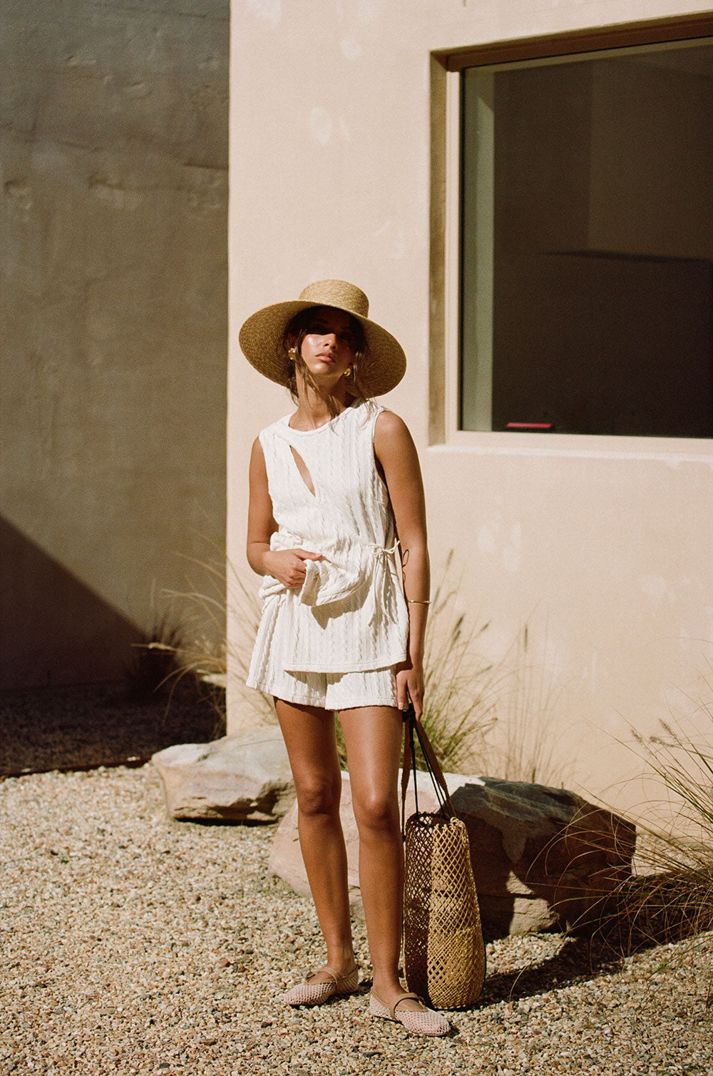 Exclusively Designed Sabo High-Waist Adjustable-Tie Cream Textured Jojo Shorts