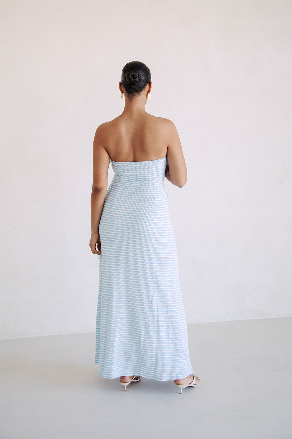 Exclusively Designed Daniella Baby Blue and White Striped Knitted Strapless Dress