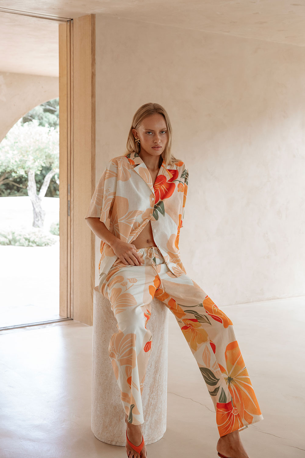 High - Quality Linen - Cotton Blend Chey Pants with Exclusive Petal Scarf Print