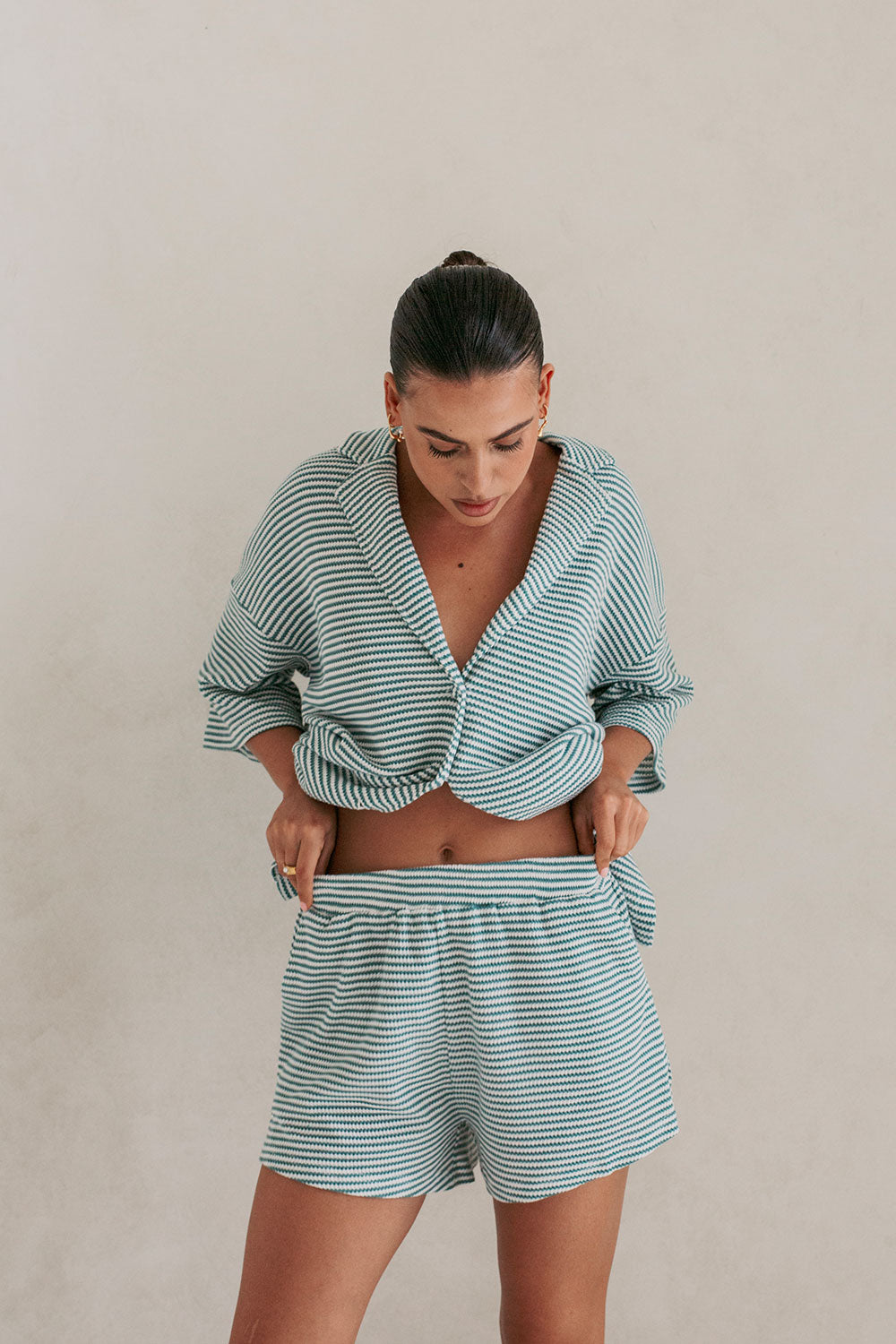Sabo's Exclusive Teal Stripe Textured Rib Cotton Blend Mallory Shorts