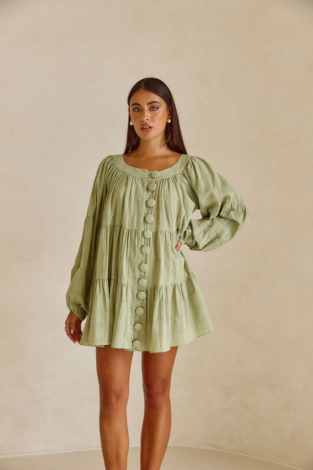 Soft Green Natural Cotton Self Check Stylish Mini East Dress