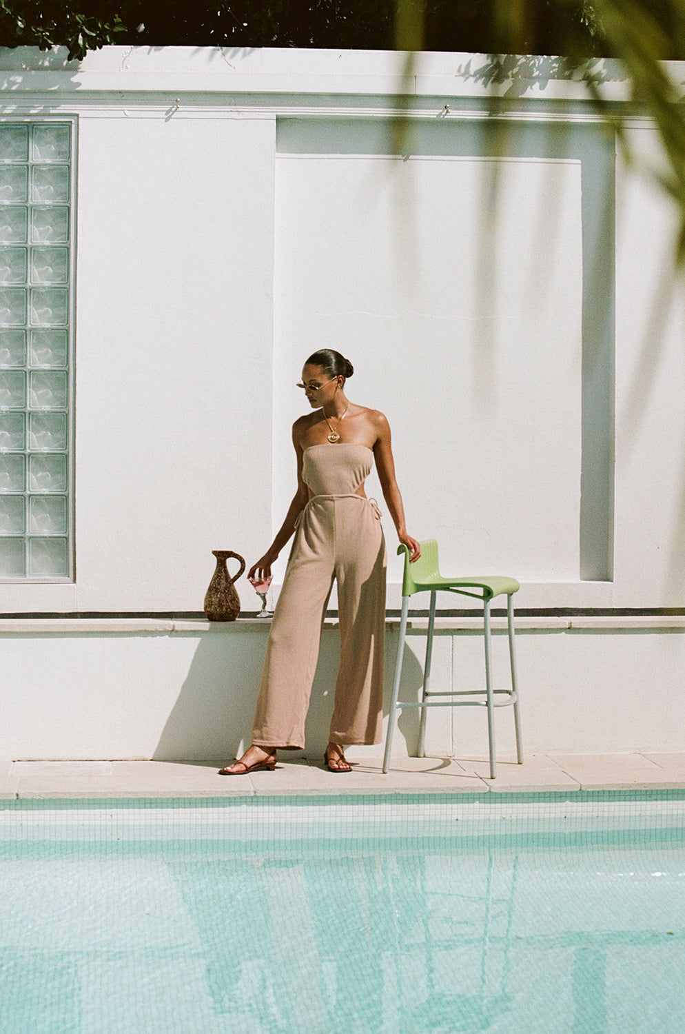 Tan Textured Waffle Fabric Strapless Ezel Women's Jumpsuit