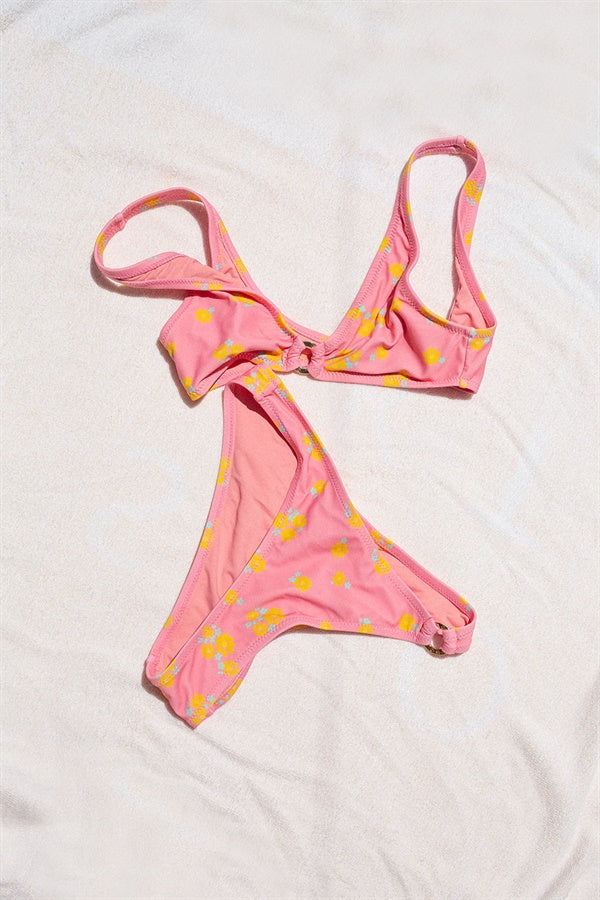 Stretchy Pink Retro Floral Luana Ring Mid - High Waisted Beach Bottom