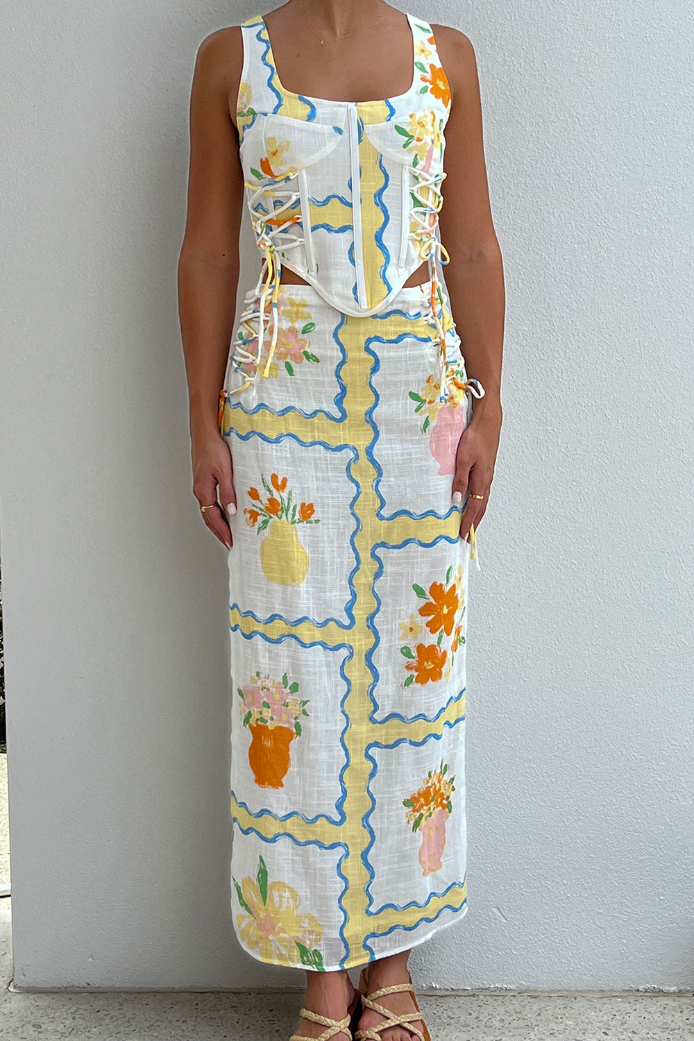 Exclusive Flower Pots Print Natural Cheesecloth Taleah Top