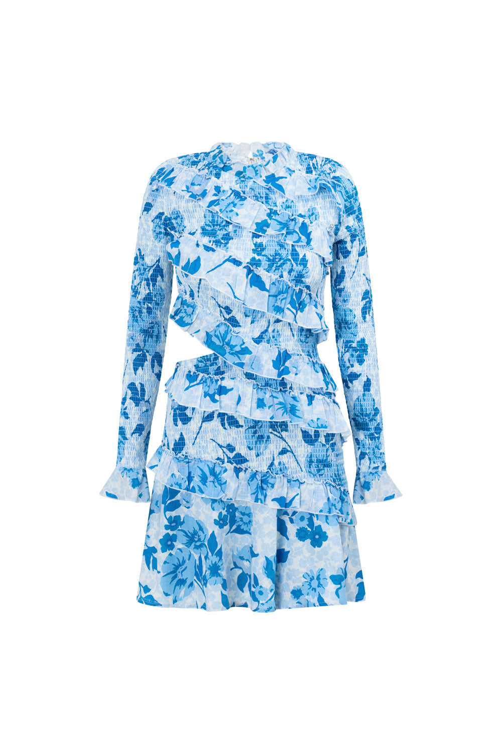 Elegant Rozalia Frilled Women's Dress with Azure Flora Print
