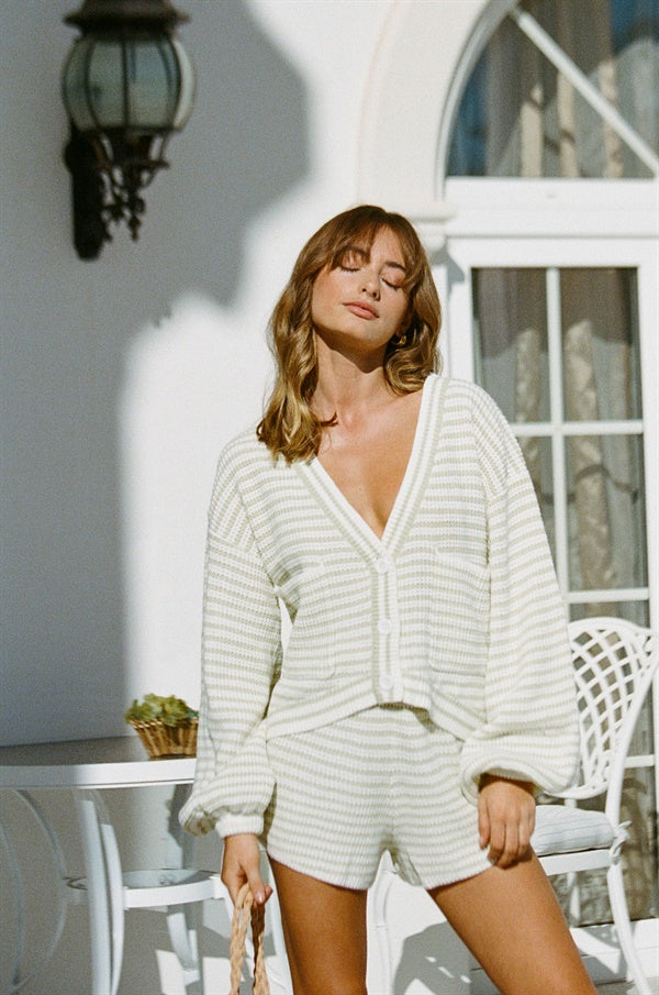 Ora Women's Ribbed Knit Cardigan in Cream and Light Green