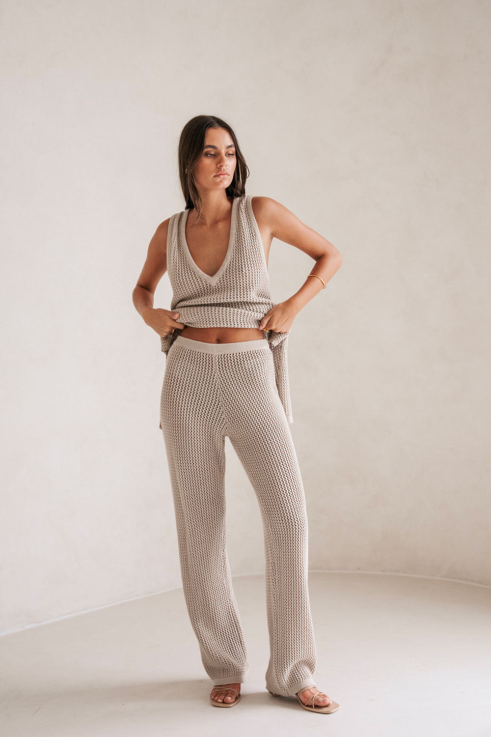 Stylish Stone Cream Sheer Knit High-Waisted Ailish Pants