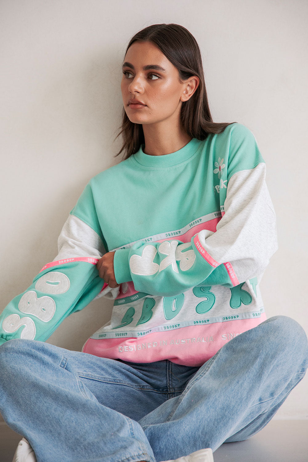 Exclusive Sabo-Designed Oversized Vintage Swisse Sweater in Marl Grey, Green & Pink