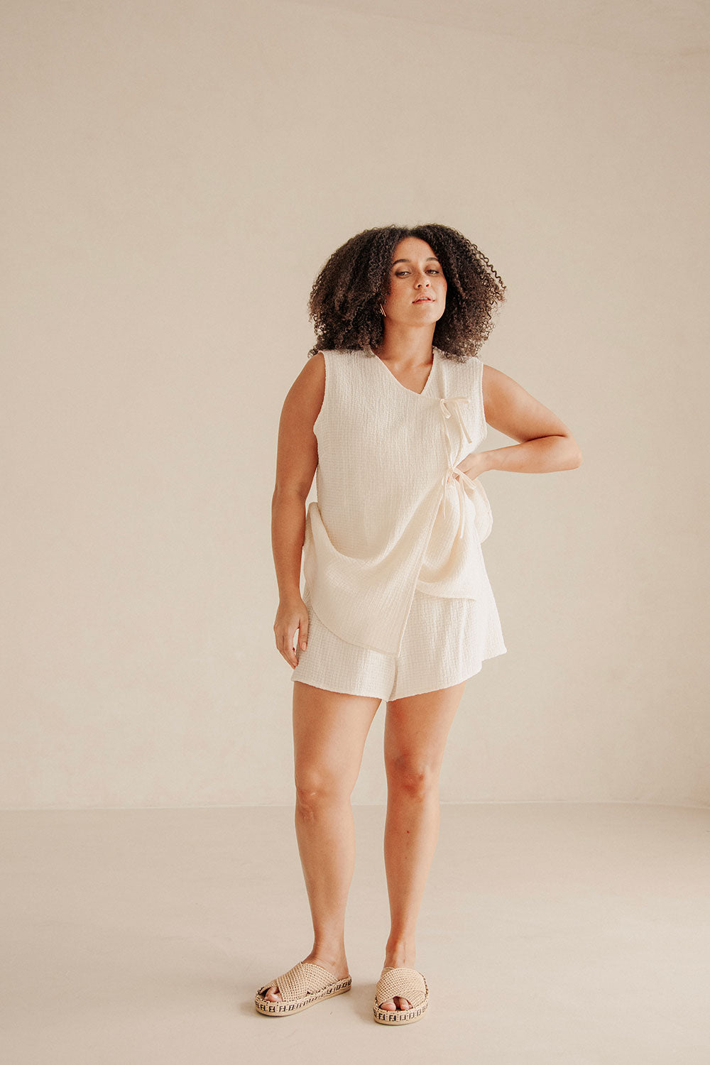 Sabo's Exclusive Cream High - Waisted Textured Cotton Ciel Shorts