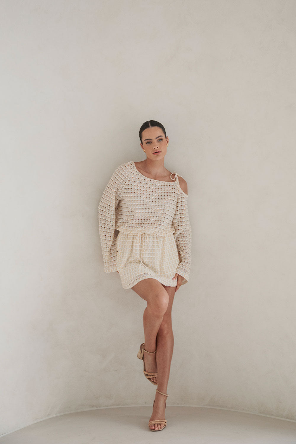 Elegant Cream and White Jacquard Knit Summit Dress for Resort Vibes