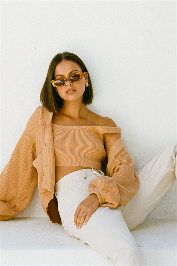 Evalia Cardigan - Tan with Full - Length Puff Sleeves