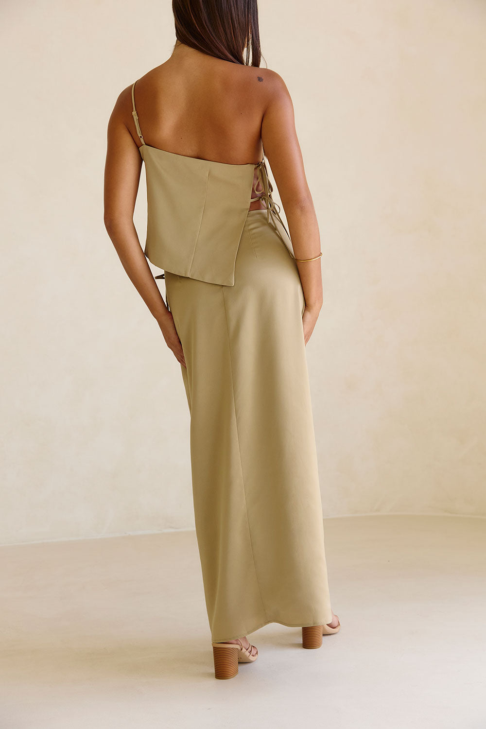 Dusty Olive Matte Silky Asymmetric Bria Top for Formal Wear