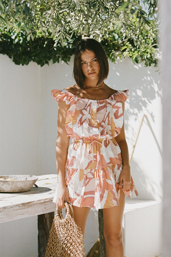 Exclusive Blush Floral Printed Linen Cotton Blend Mao Dress with Ruffles