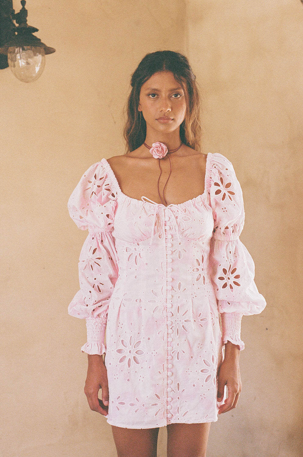 SABO LUXE Exclusive Pink Smudge Bloom Print Cotton Broderie Amala Women's Dress