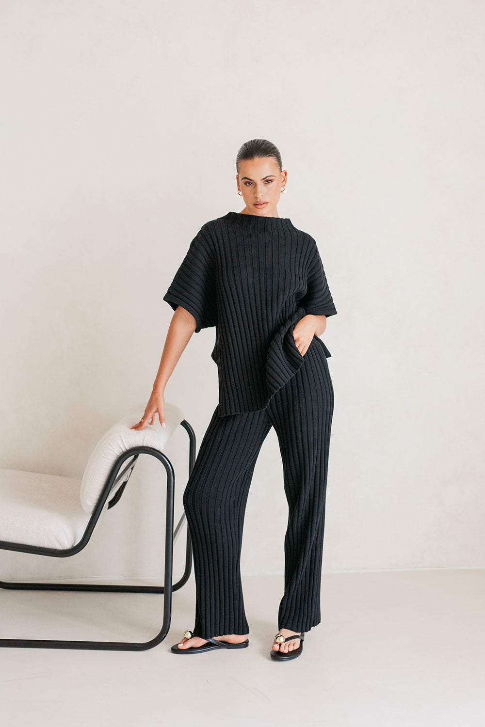 Stylish Black Ribbed Cotton Celine Pants with High Elastic Waist