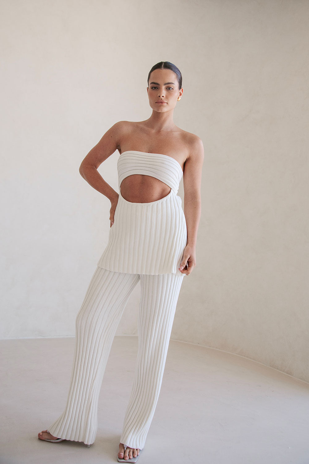 Sabo Exclusive White Structured Ribbed Knit High Waisted Elasticated Waist Stevie Pants