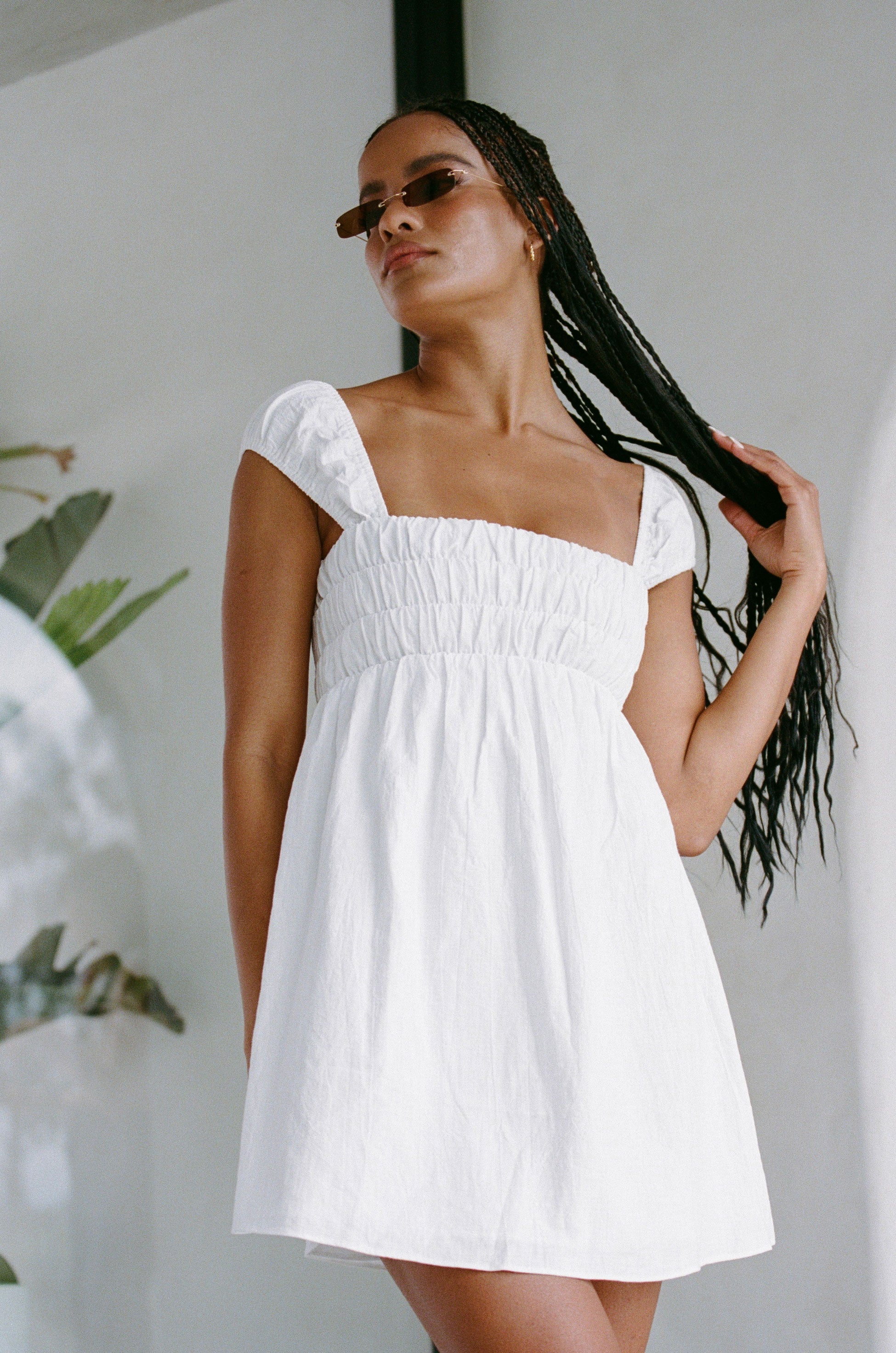 Fresh White Natural Cotton Luan Dress with Cute Cap Sleeves