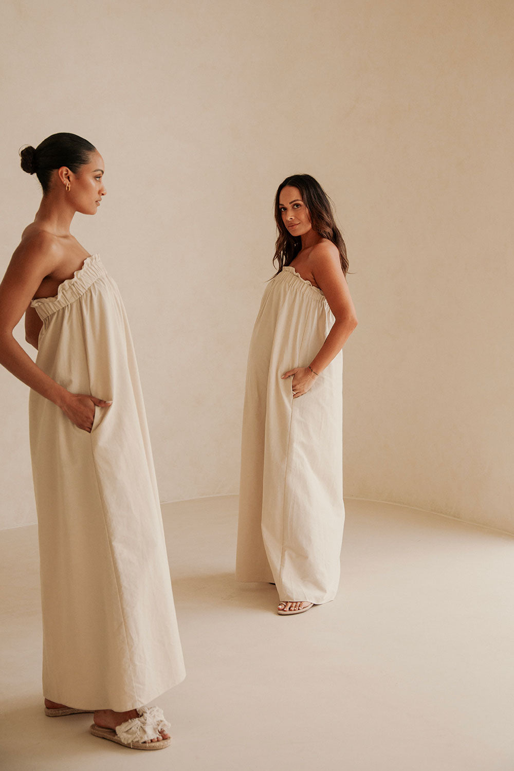 Exquisite Creamy Beige Strapless Ruffle Lila Maxi Dress from SABO x Kayla Boyd