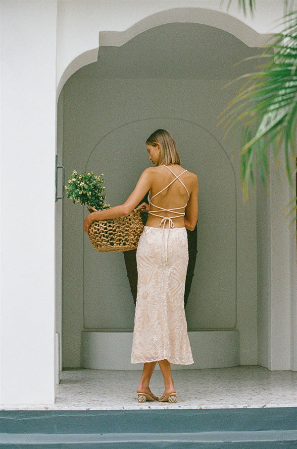Exclusive Sabo-Designed Aviera Tan Burnout Fabric Midi Dress