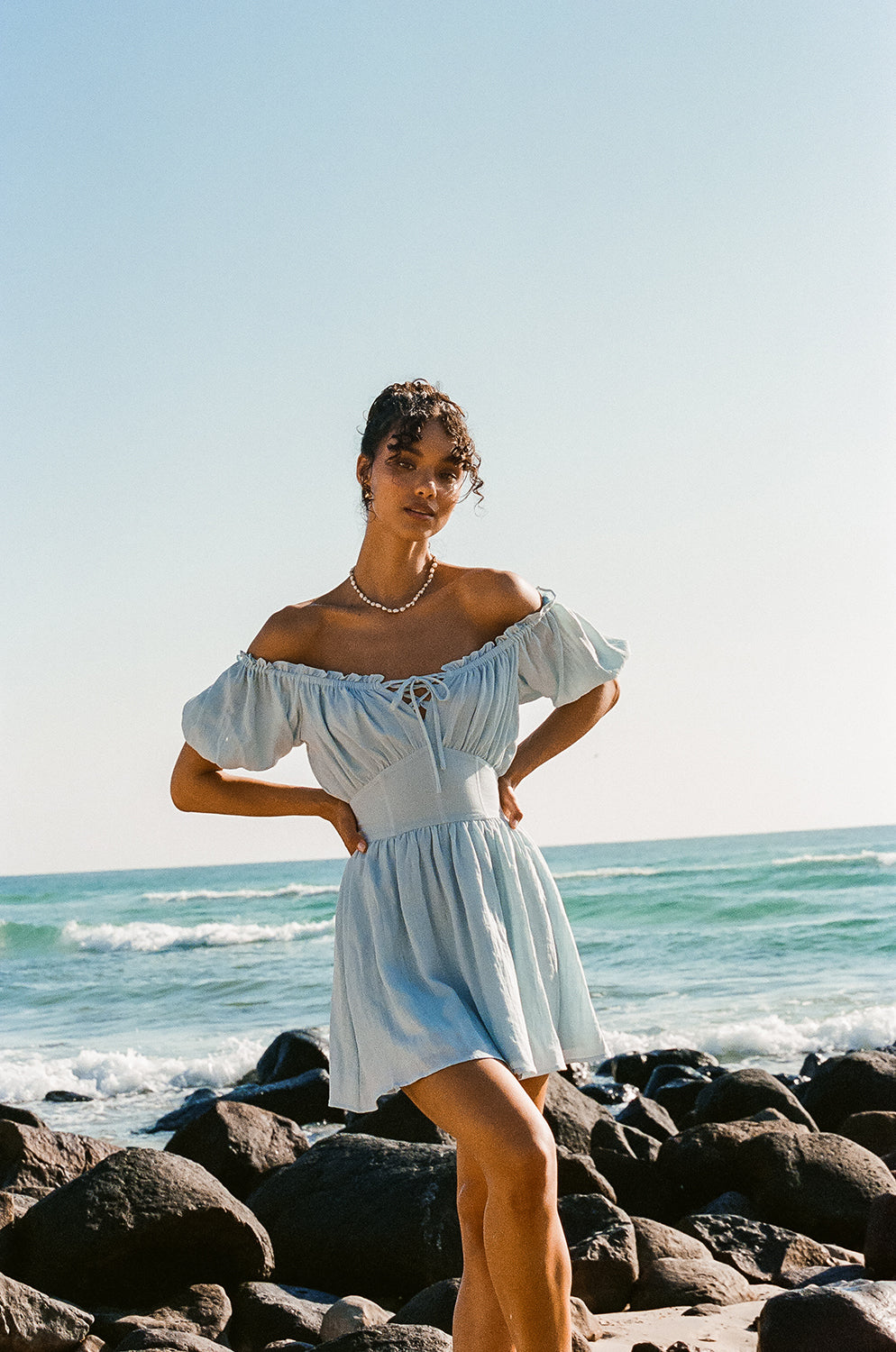 Blue Nyrobi Off - Shoulder Dress with Puff Sleeves and Corset Waist