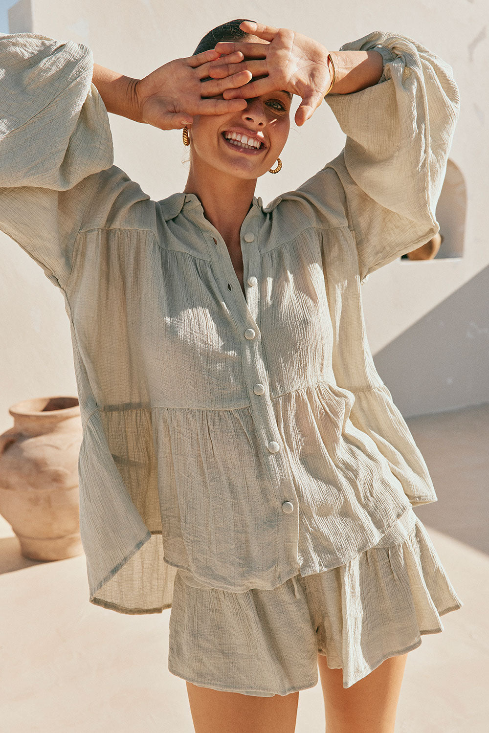Soft Sage Lightweight Crepe Rayon Blend Huxley Top for Weekends
