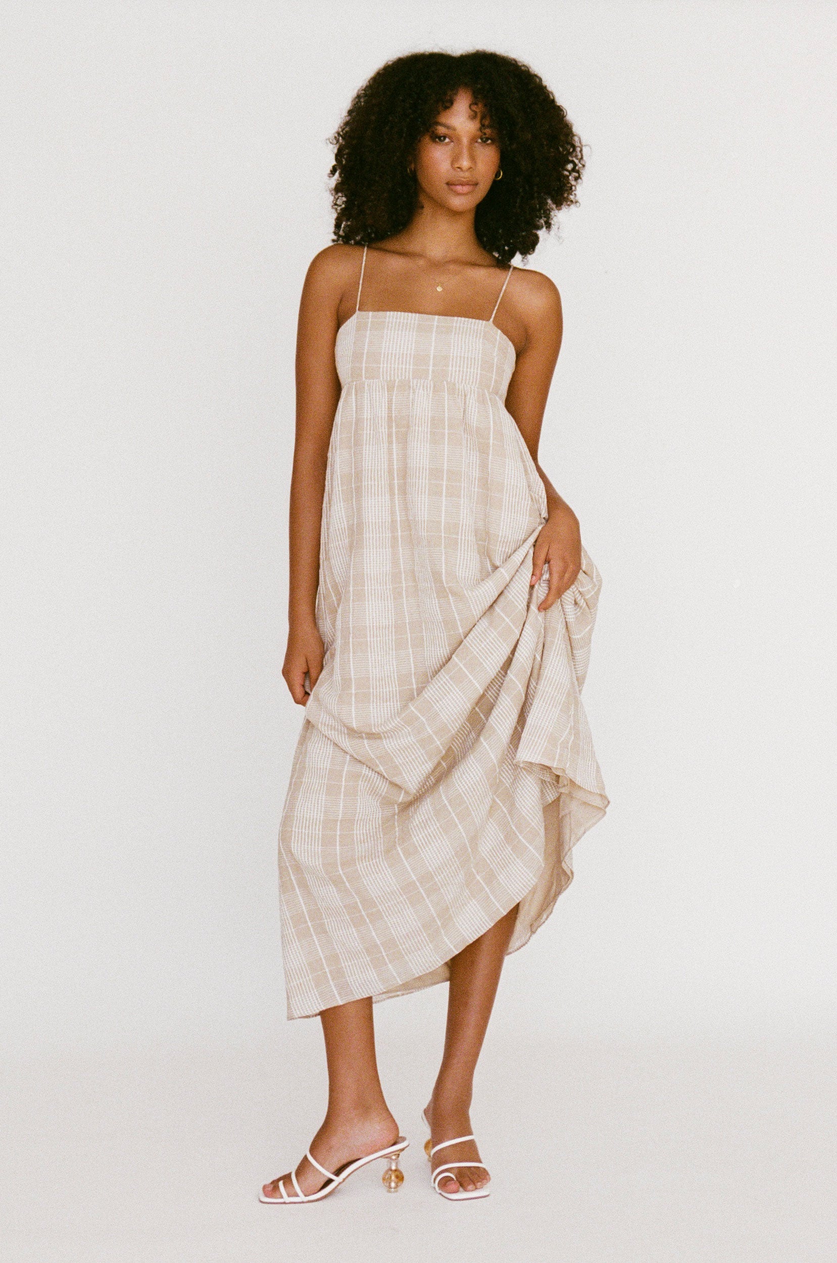 Stylish Azaria Tan Cotton Plaid Dress with Thin Straps