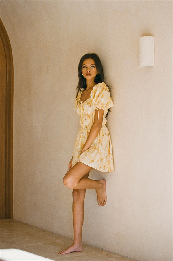 Exclusive Natural Yellow Cotton Floral Print Milota Women's Dress