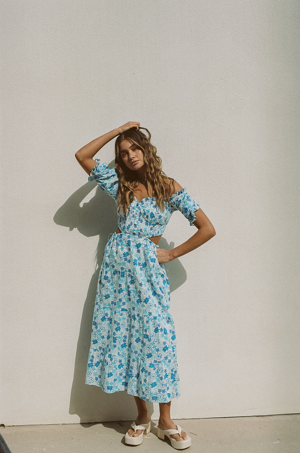 Exclusive Blue Dusk Floral Print Zara High - Quality Cotton Midi Dress