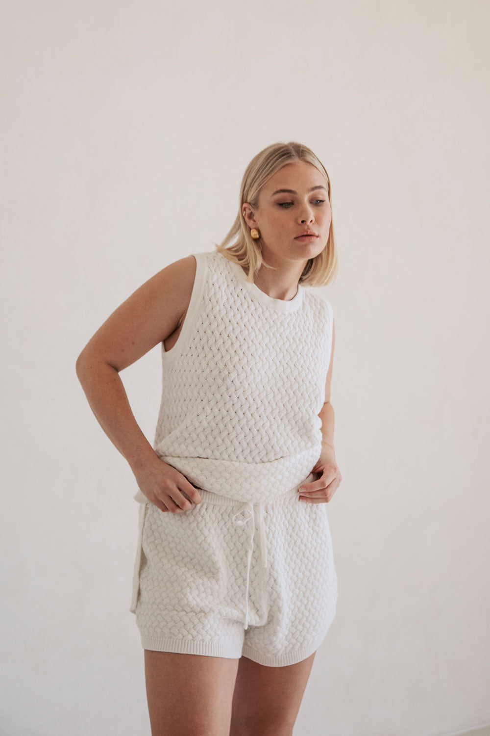 Exclusive Sabo Designed Off-White Natural Cotton Basket Knit Winslet High-Waisted Drawstring Shorts