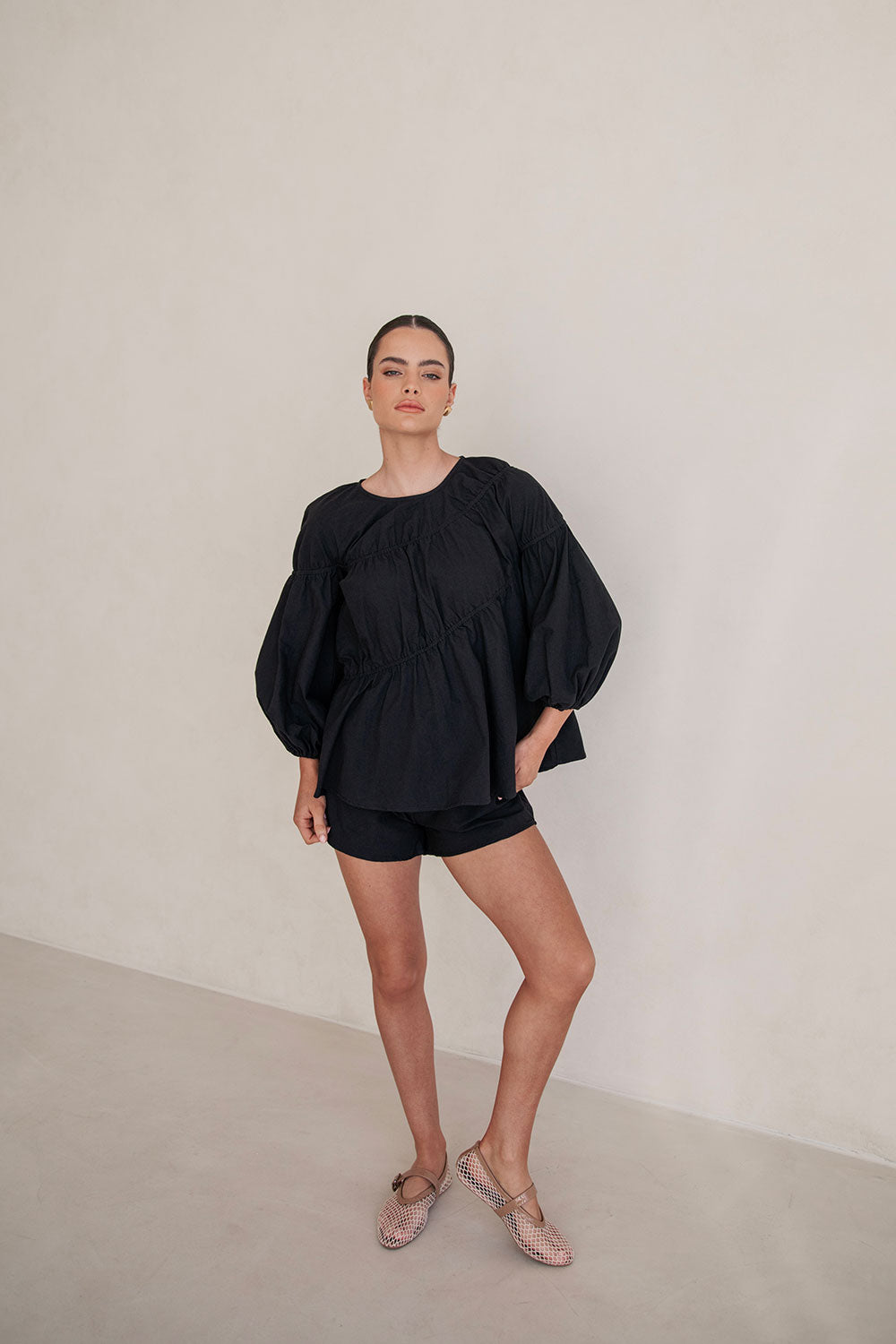 Black Cotton High Waisted Drawstring Elasticated Waist Akel Shorts