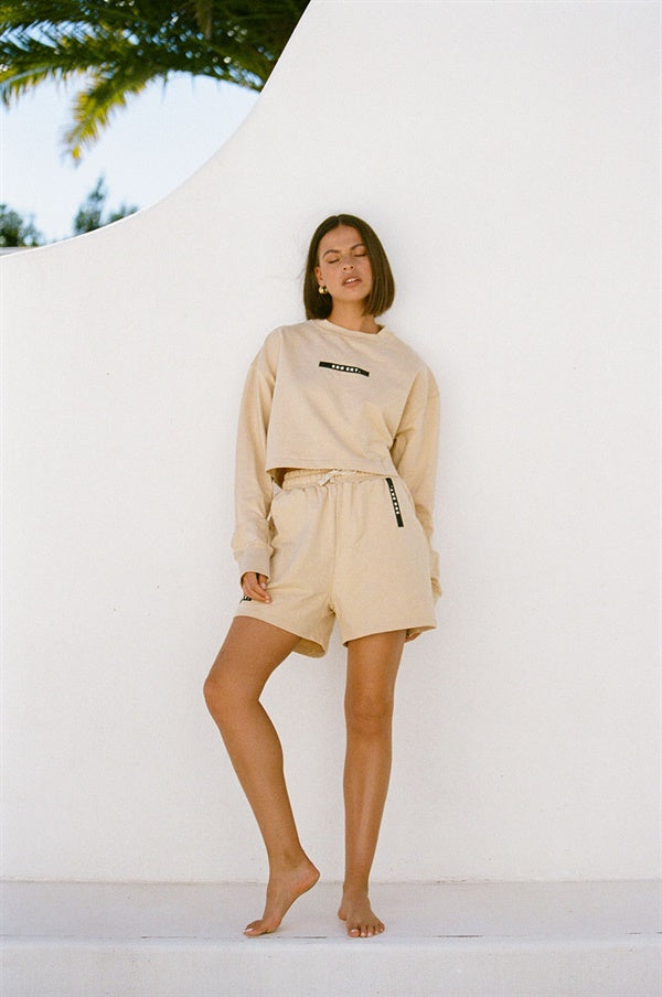 Tan Cropped Natural Cotton Terryback Barros Sweater with Black Detailing