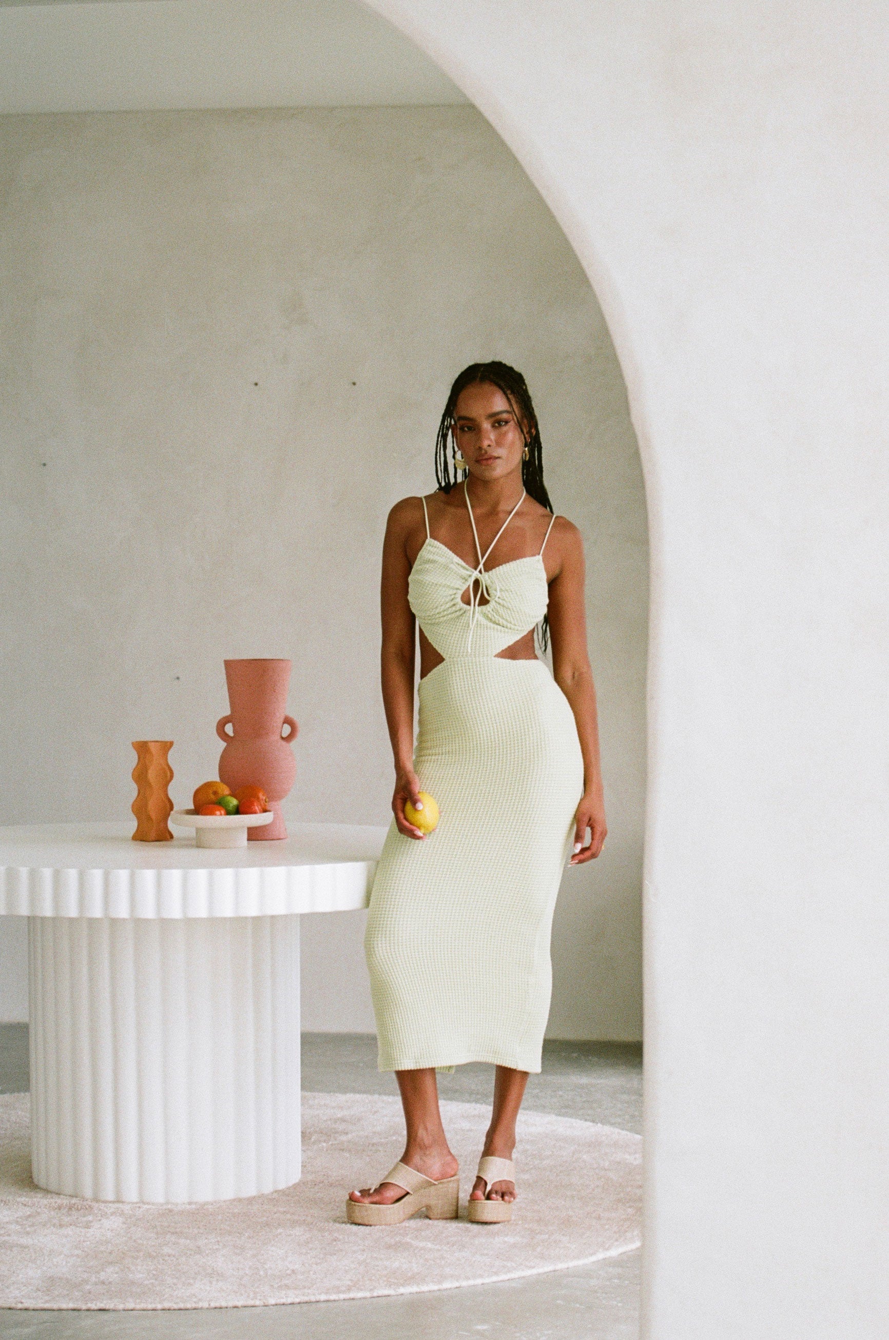 Soft Mint Stretch Fernanda Midi Dress with Sexy Cutouts