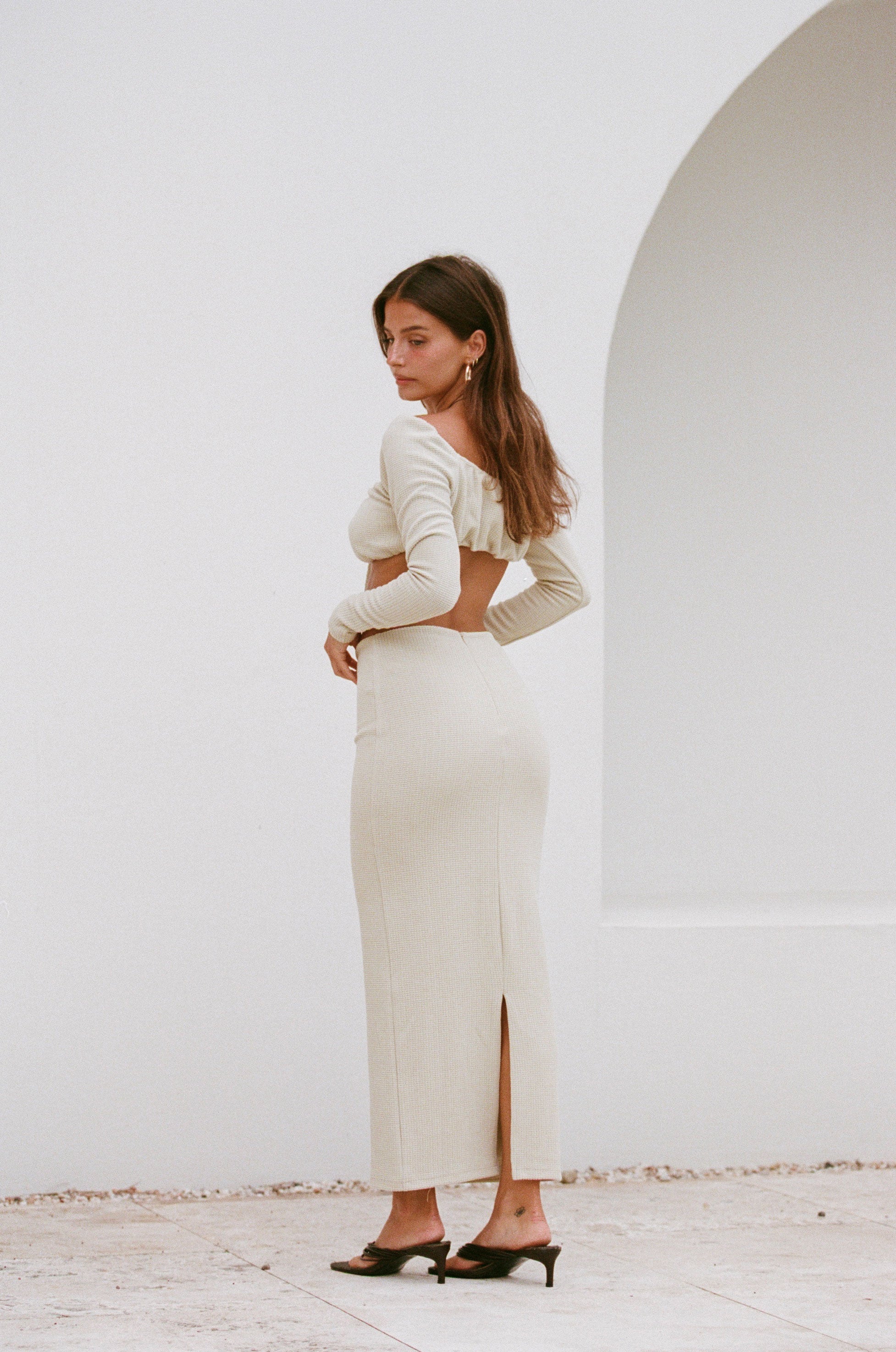 Creamy Tan Textured Waffle High Waisted Kelle Midi Skirt
